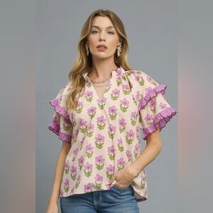 Umgee Floral Print Ruffle Short Sleeve Blouse